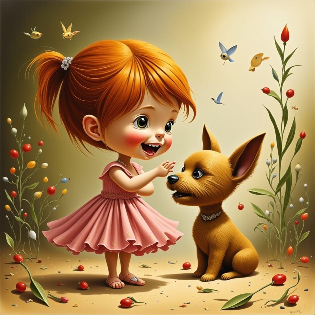 Redhead Baby Girl with Yorkshire Terrier, Pixar Style