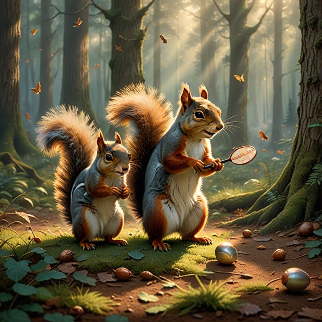 Whimsical Squirrels Play Badminton in a Luminous Forest