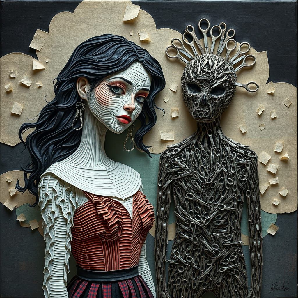 Paper Woman & Scissor Man in Dark Whimsical Impasto Style
