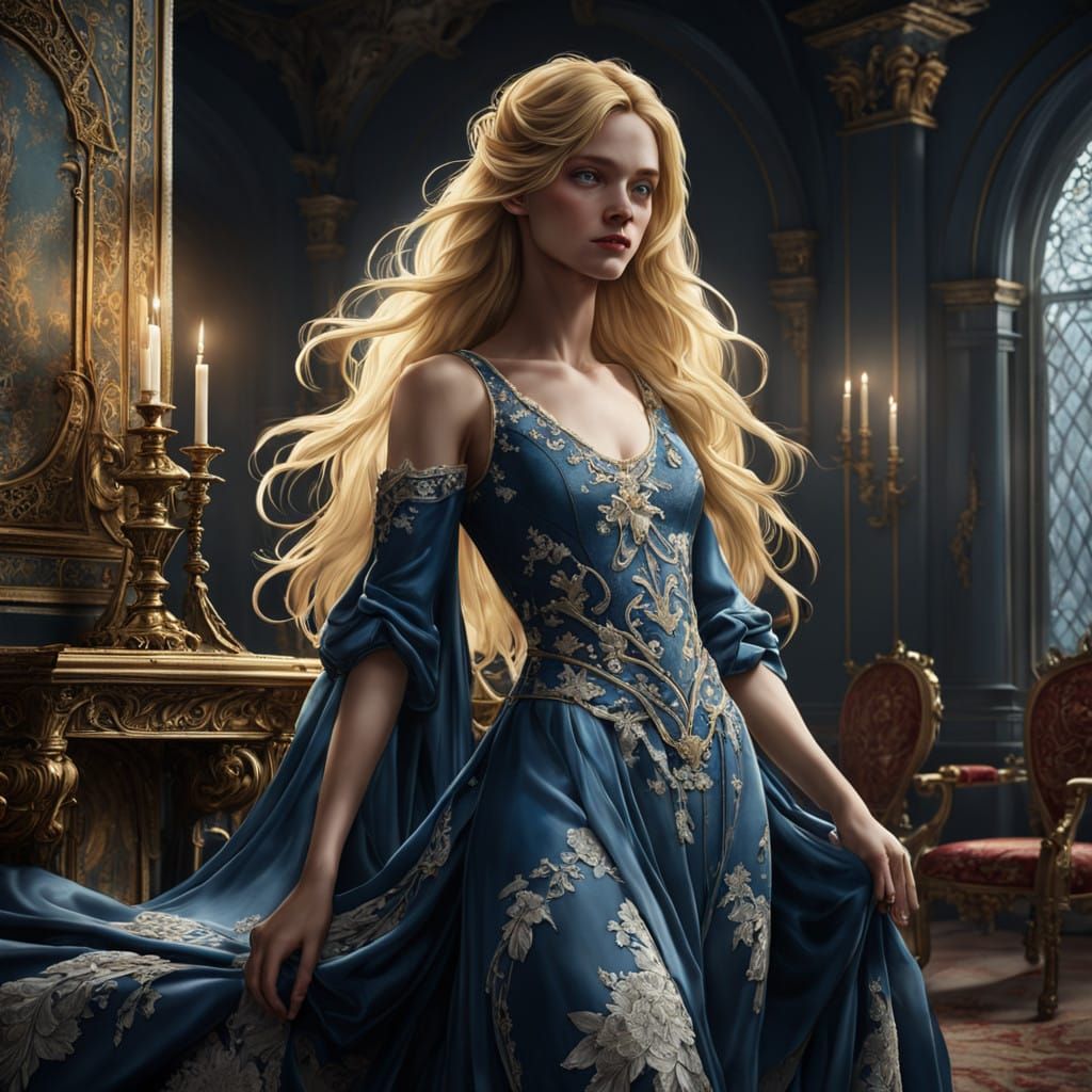 Elegant Woman Amidst Tragic Opulence