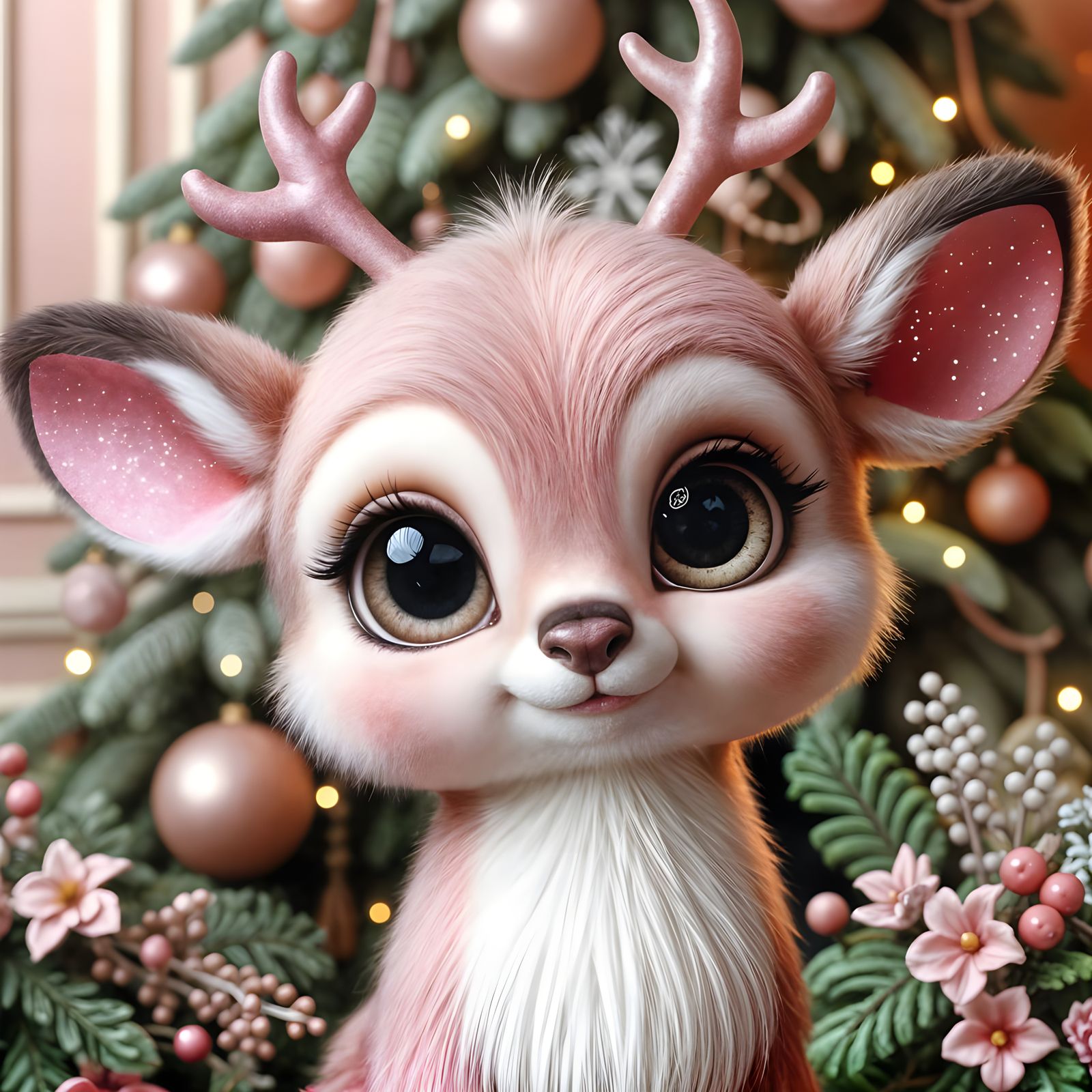 Whimsical Pink Reindeer with Festive Christmas Tree