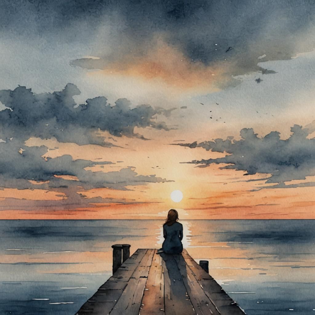 Sad Woman Silhouetted on Pier at Colorful Sunset