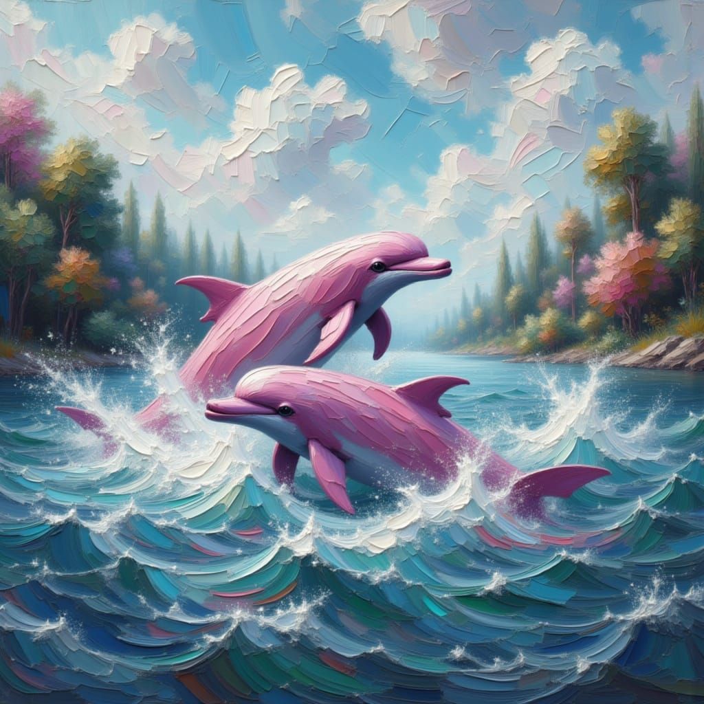 Pink Dolphins Breeching in Amazon River, Impasto Style