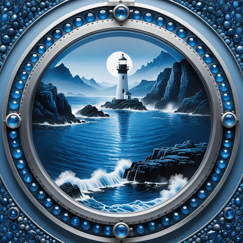 Sapphire Blue Monochromatic Oceanscape with Lighthouse