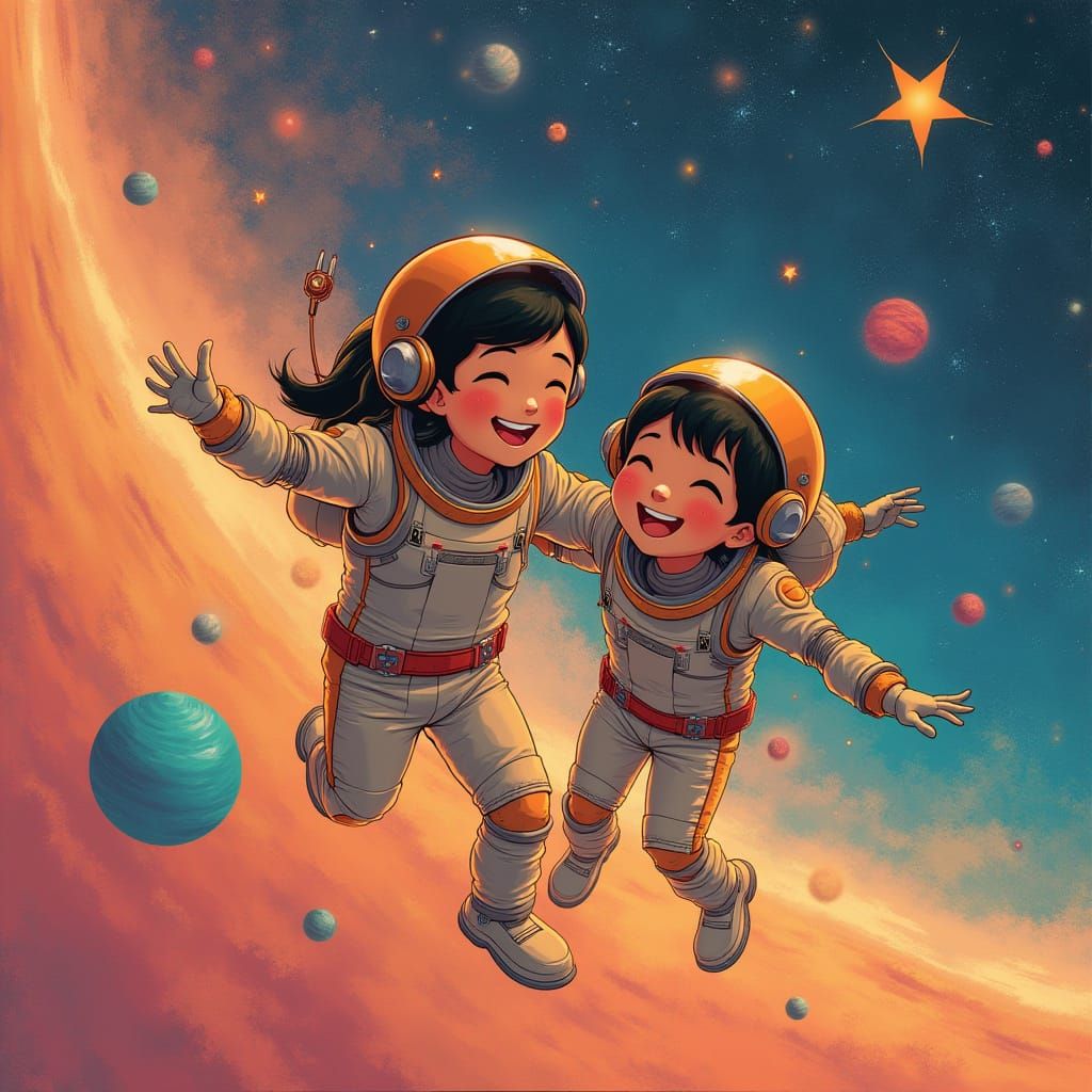 Cosmic Asian Couple in Futuristic Sci-Fi Landscape