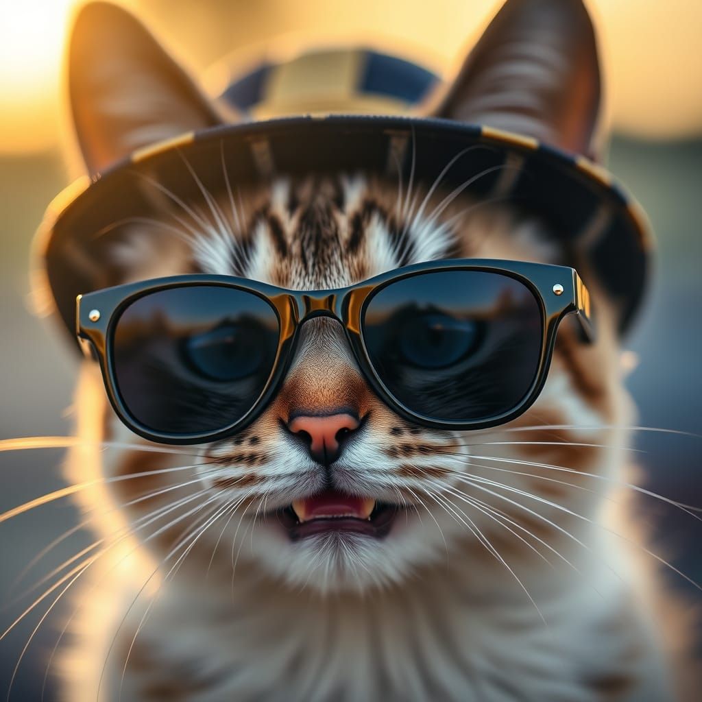 Smiling Cat in Sunglasses and Striped Hat
