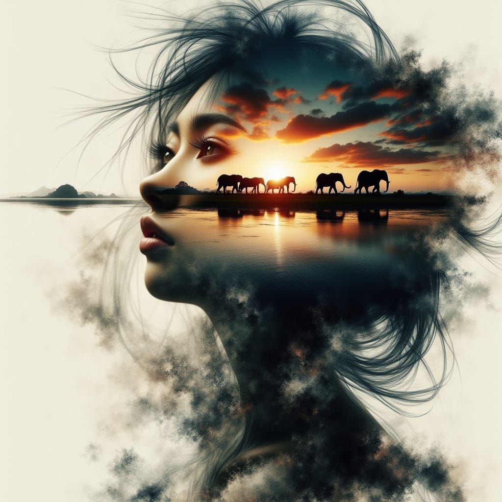 Double Exposure: Woman and Elephants on Savannah