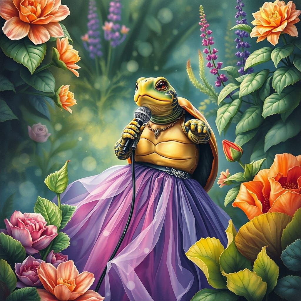 Singing Turtle in Gown: Ethereal Fantasy Art