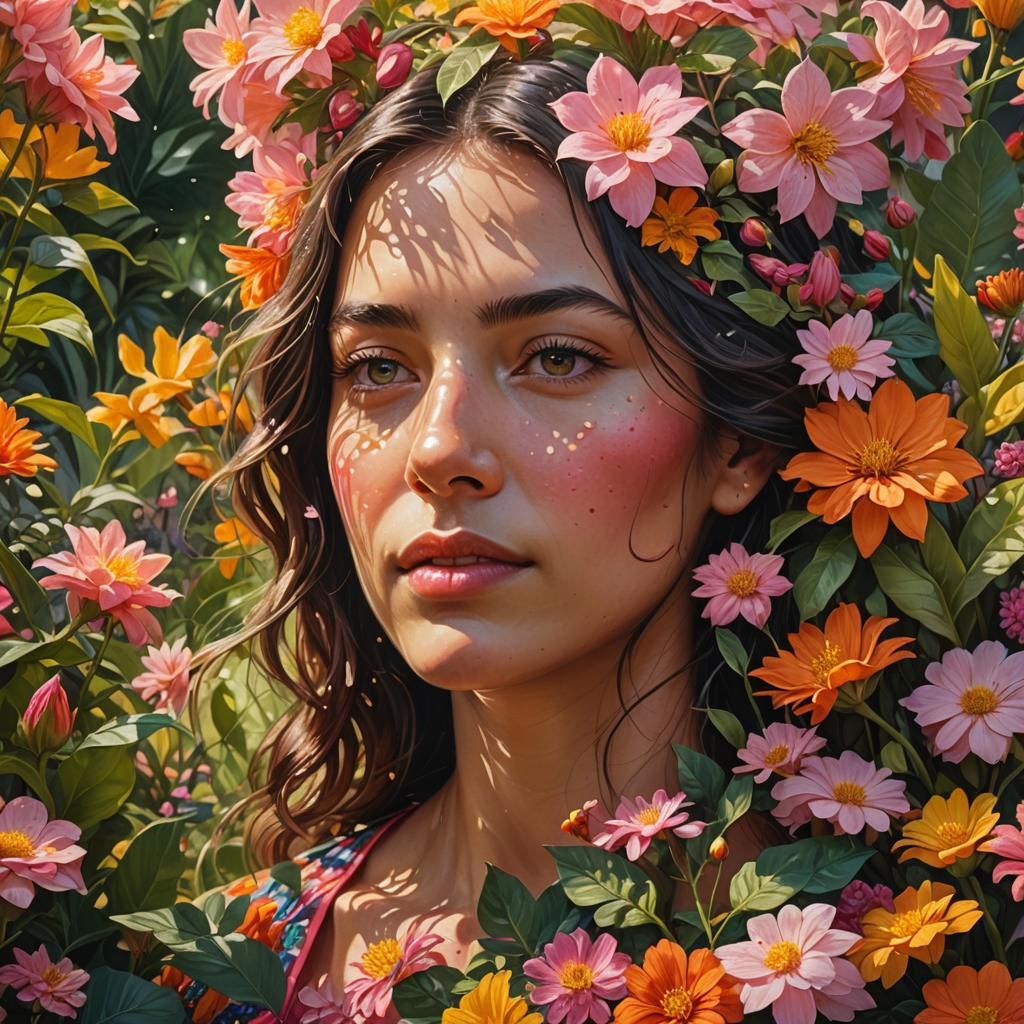 Botanical Art: Woman in a Lush Flower Garden