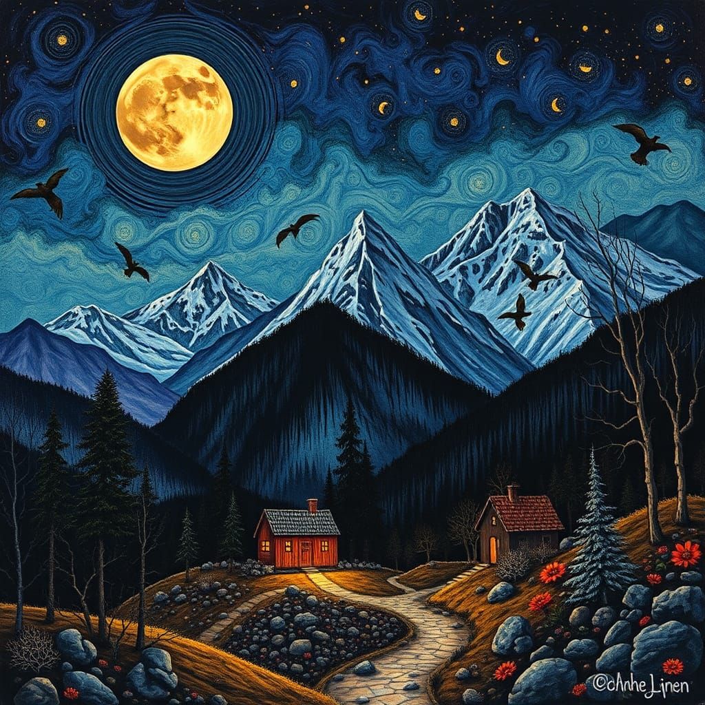 Diabolical Encaustic Village Under Moonlight