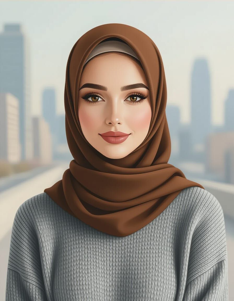 Elegant Hijabi Woman in Modern City Oil Painting