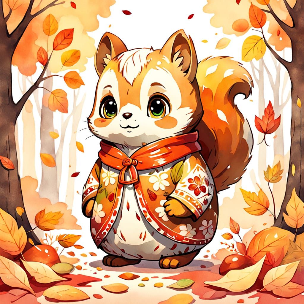 Whimsical Autumn Matryoshka Doll Squirrel Cub Watercolor Ill...