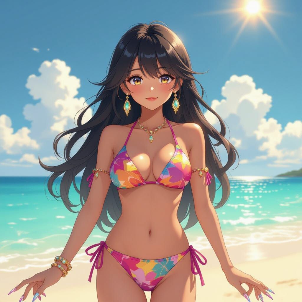 Anime Beach Scene With Elaborate Jeweled Nails