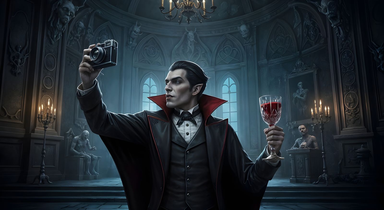 Gothic Vampire Selfie in Opulent Chamber