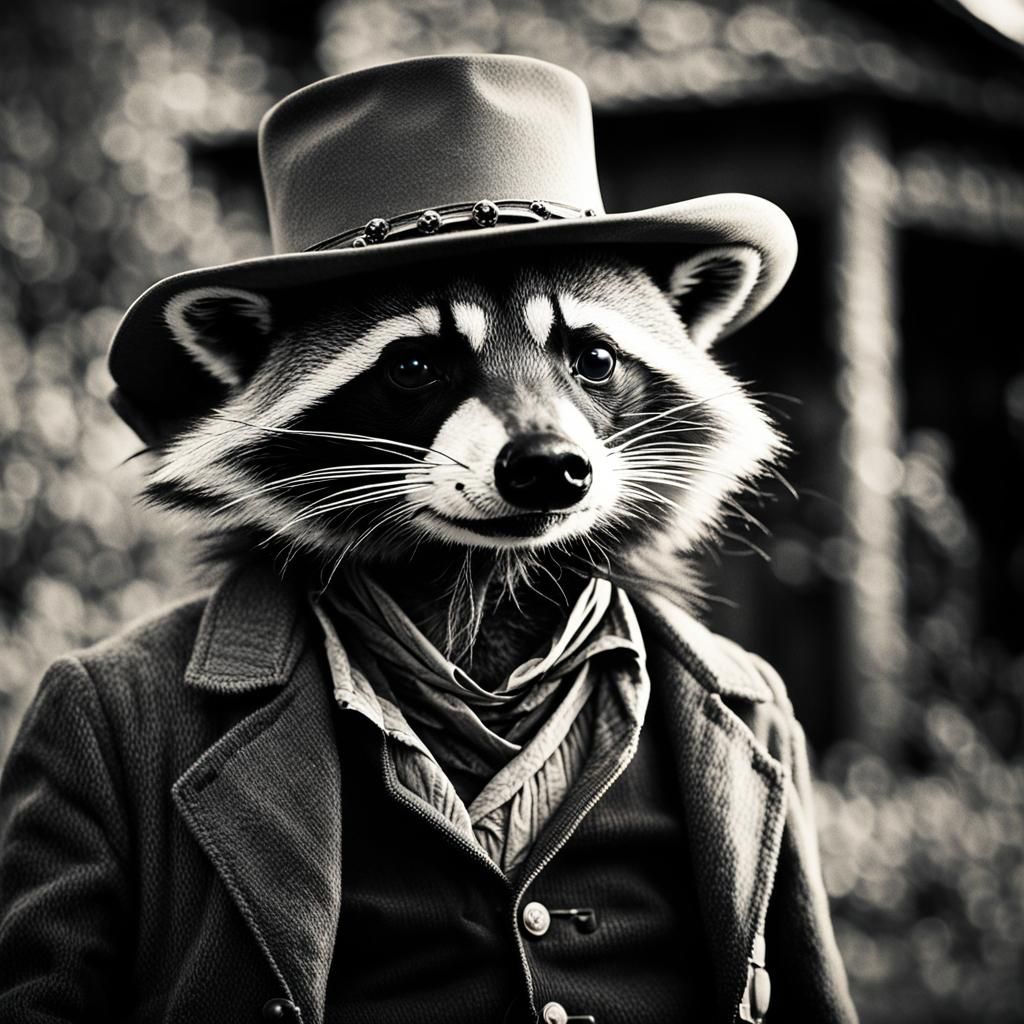Outlaw Raccoon in Wild West Black and White