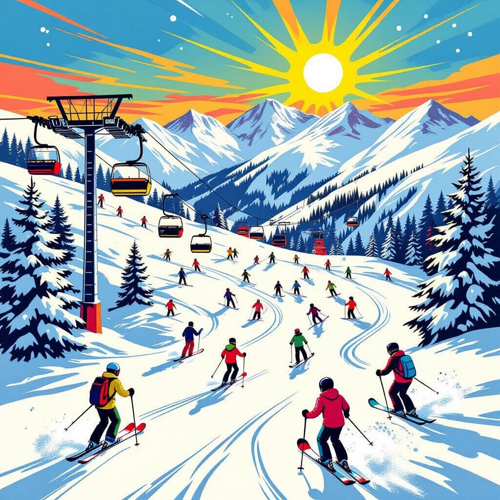 Comic Style Ski Hill Full of People Having Fun