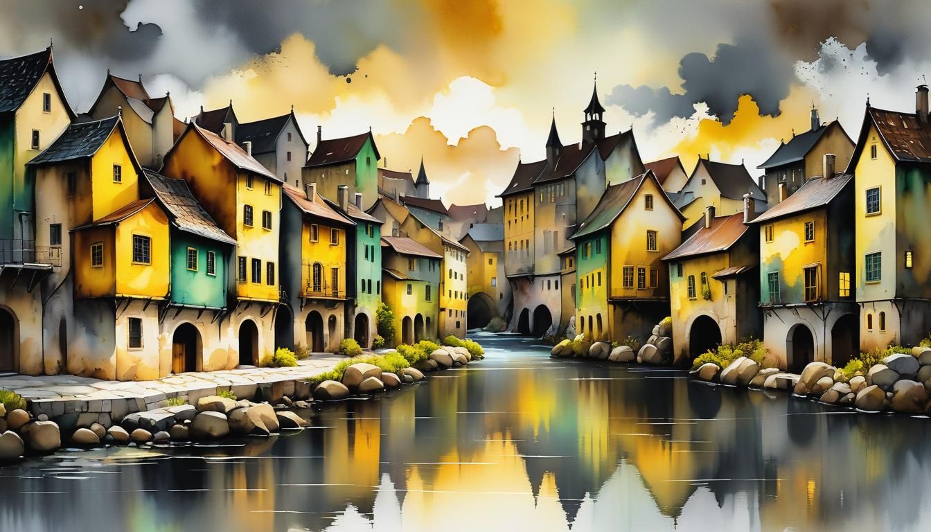 Picturesque Stone Town in Alcohol Ink Style