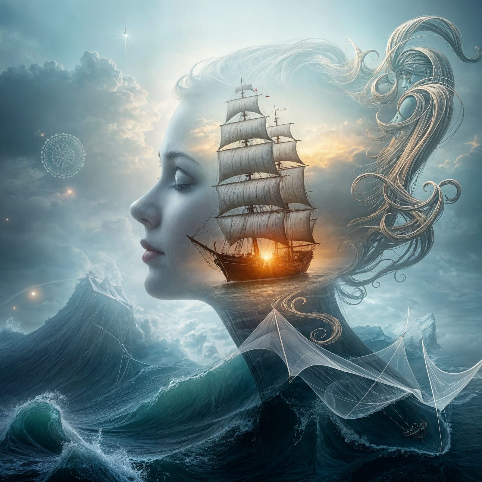 Mystical Double Exposure: Woman and Ship in Storm