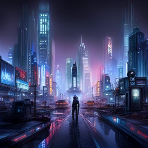 Futuristic Cyberpunk City with Humanoid Robots