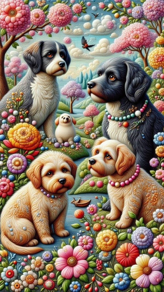 Quilted Dogs Embroidery with Pearls and Glitter
