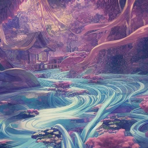 Spaghetti River Dreamscape: Surreal 3D Anime Art