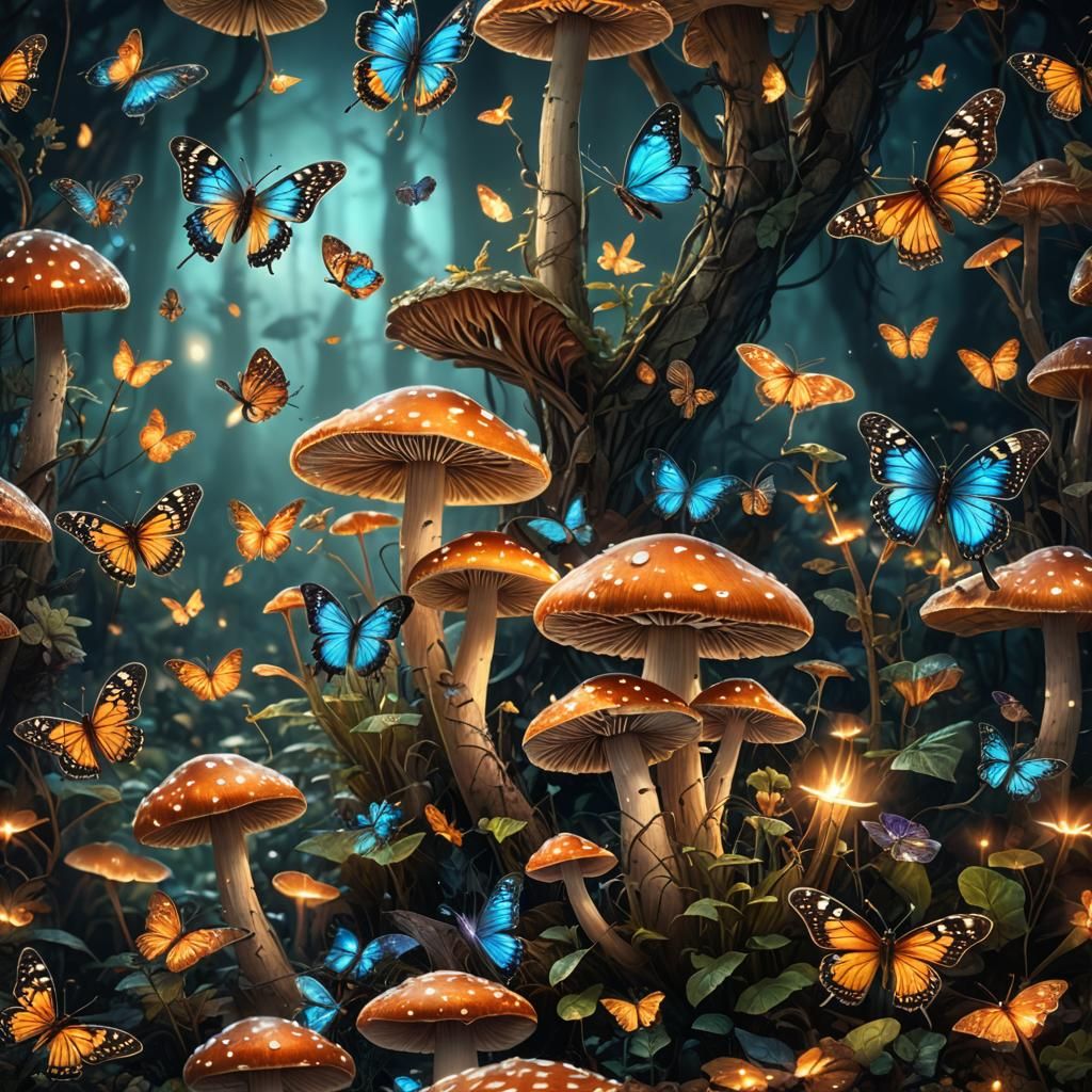 Glowing Mushroom and Butterflies in Magical Forest