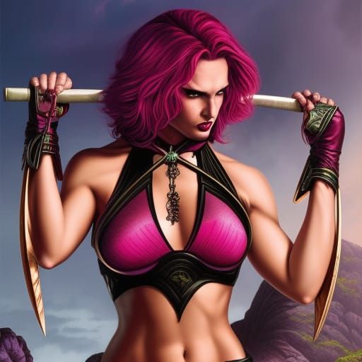 Magenta Haired Woman with Bone Daggers: Comic Book Art