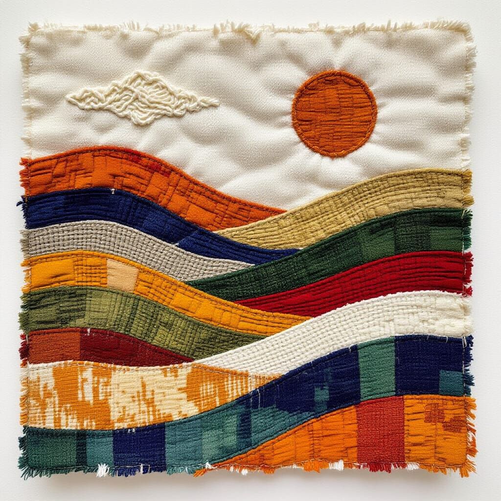 Embroidered landscape with shibori, earthy tones, layered in...