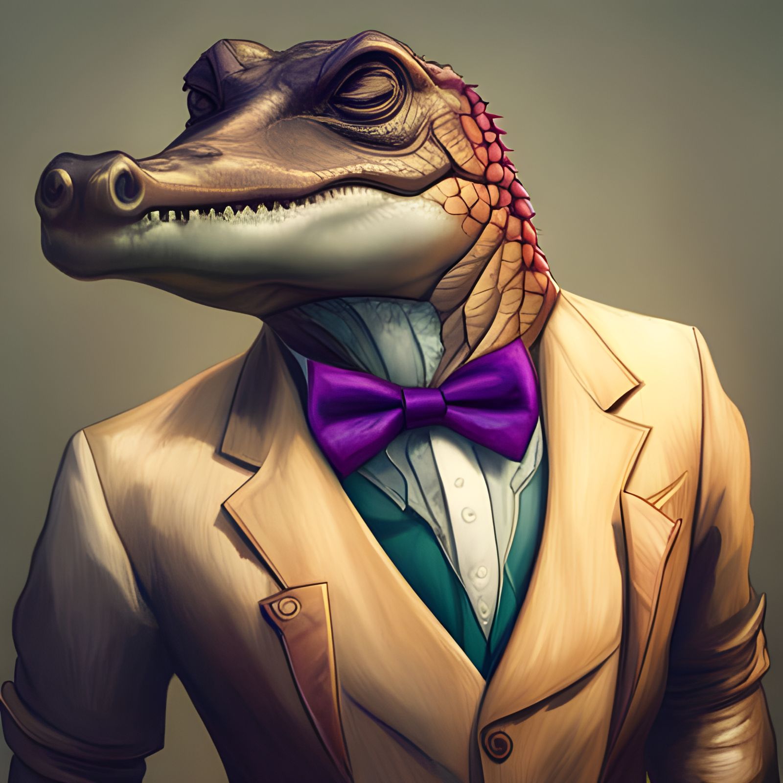 Semn Snappy the Alligator wearing a purple bowtie
