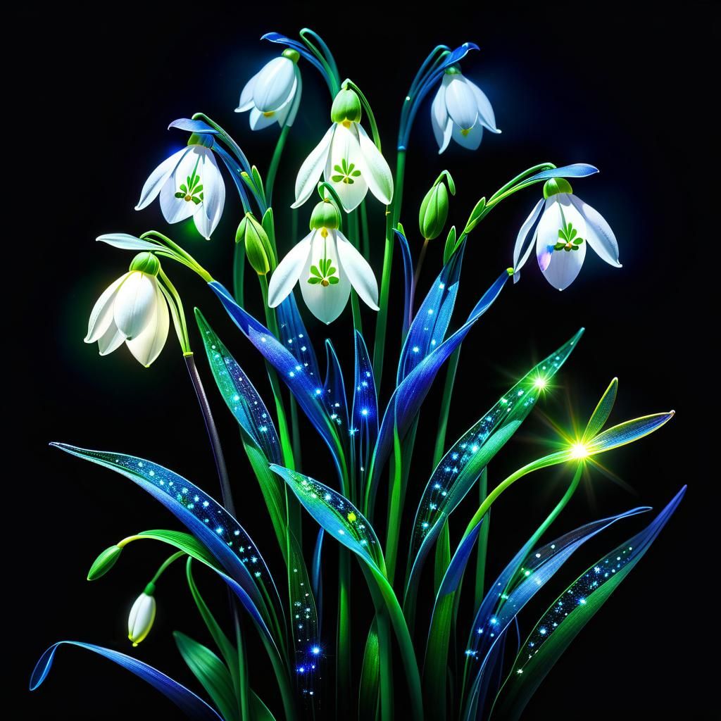 Glowing Neon Snowdrop Flowers in Surreal Fantasy Style