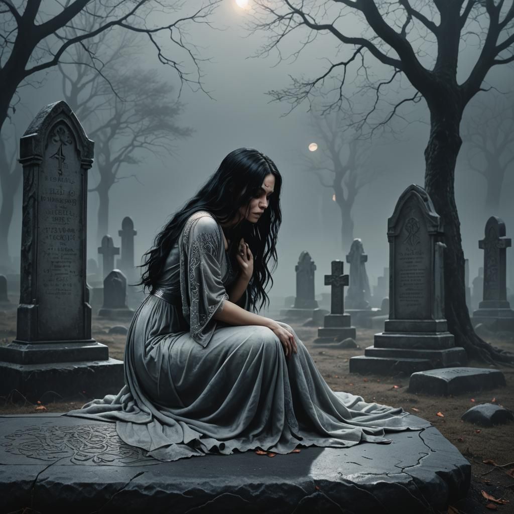 Eerie Dark Fantasy Girl at Gravestone in Moonlight