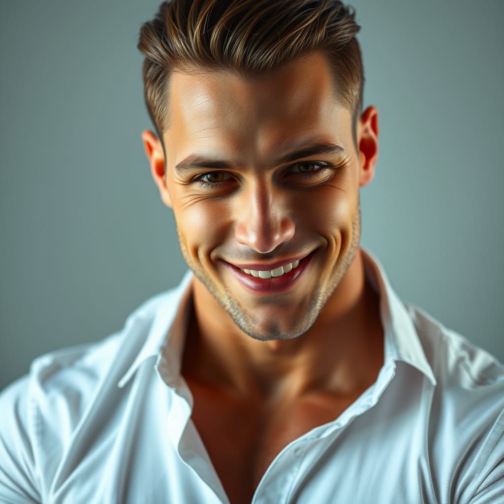 Photorealistic Close-Up of a Muscular Man with Brown Hair