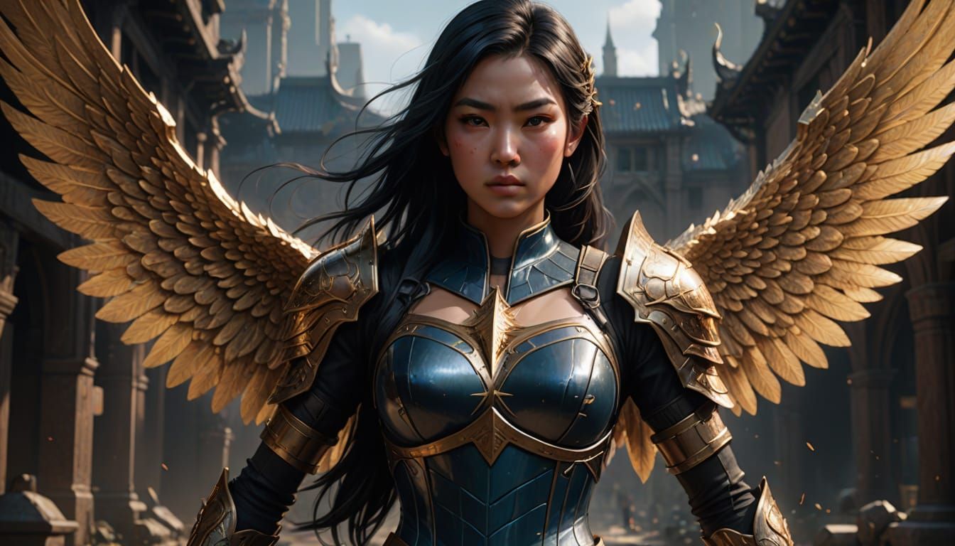 Asian Superheroine with Golden Wings and War Hammer
