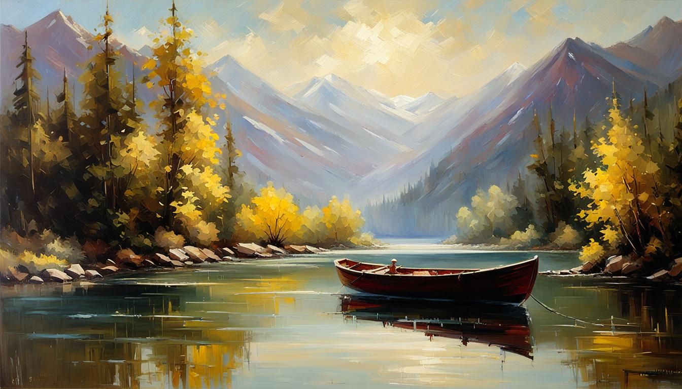 Peaceful Waterscape Oil Painting with River and Boat