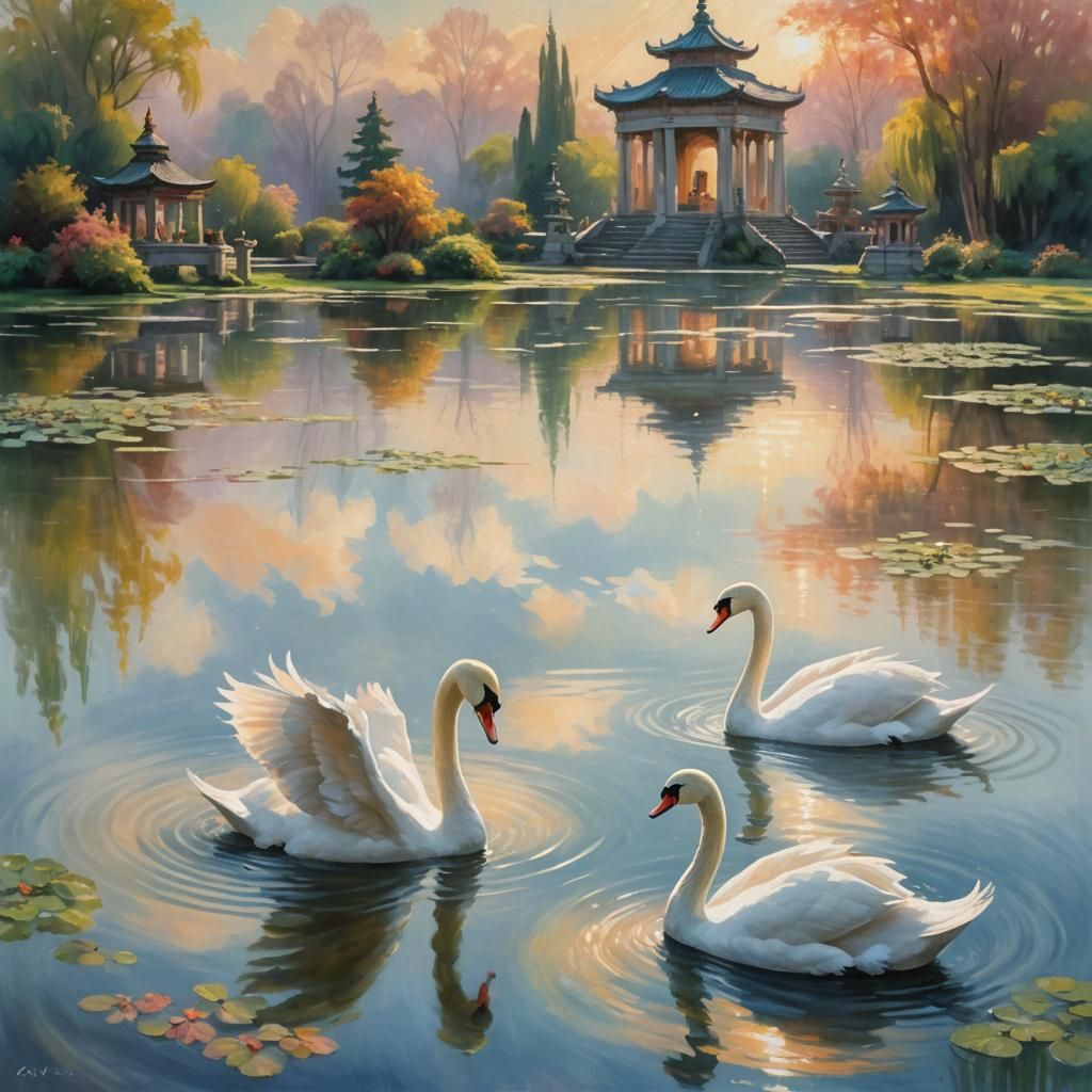 Swans Dancing in Pond: Impressionist Pastel Painting