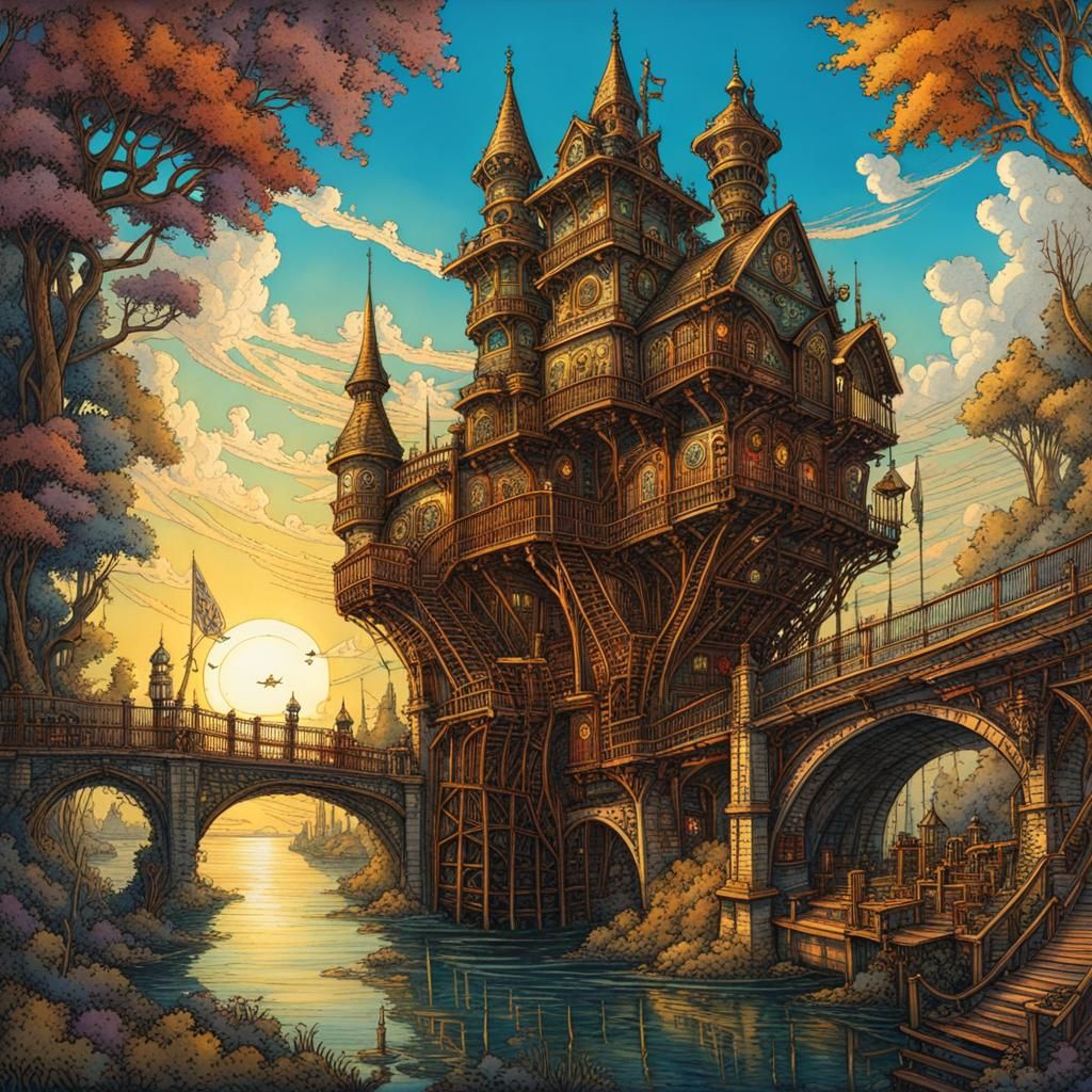 Steampunk Factory with Drawbridges in Rackham Style