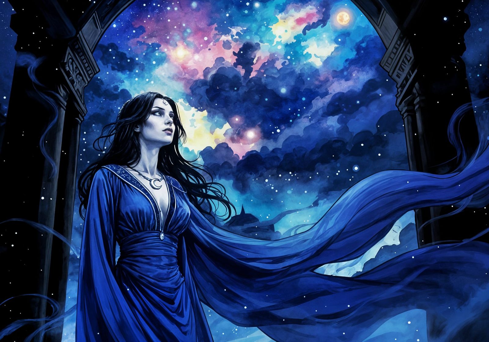 Celestial Queen of Moonlit Magic in a Starry Night Temple