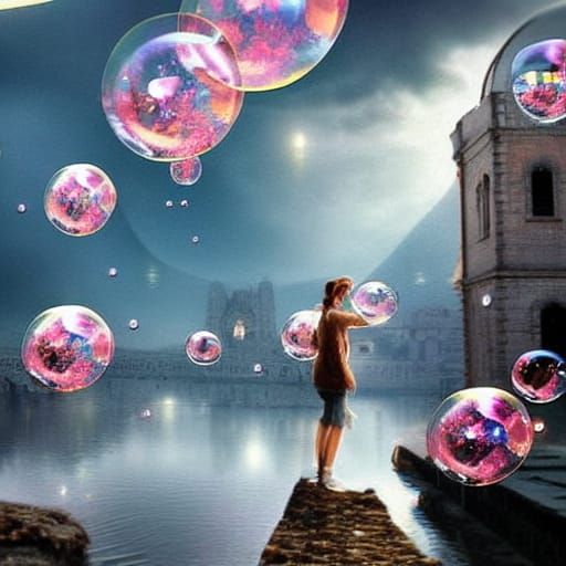 People Floating in Bubbles: Cinematic Digital Art