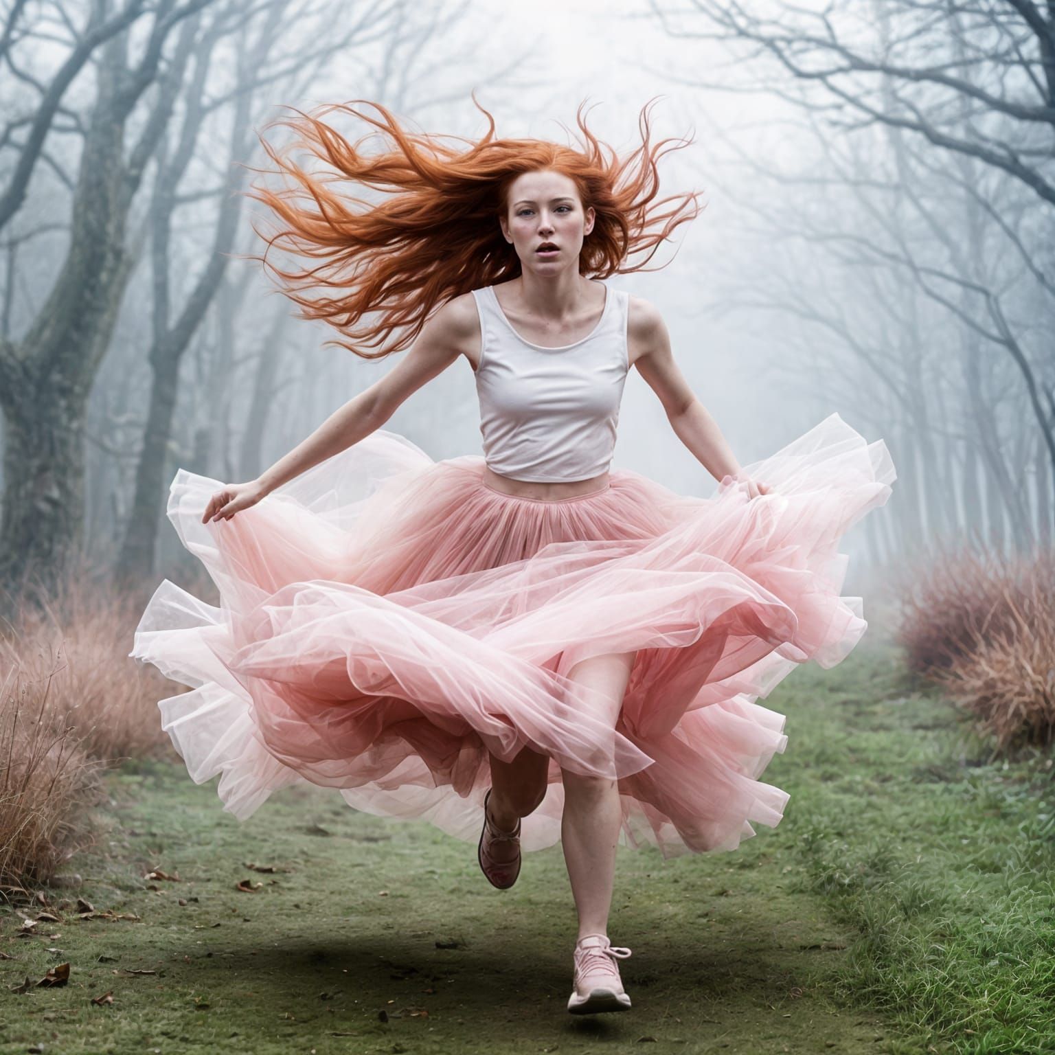 Woman in Pink Tulle Running: Fantasy Action Shot