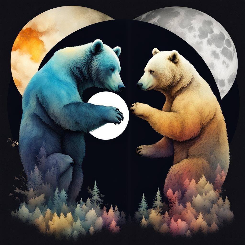 Yin Yang Bears: Double Exposure Silhouette Collage Art
