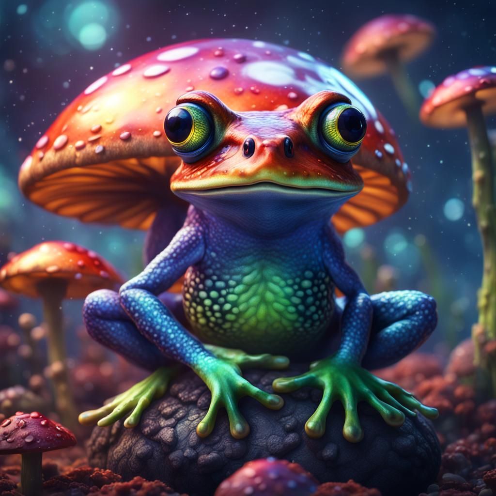 Colorful Frog with Cosmic Eyes on Mushroom