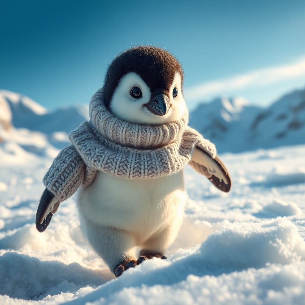 Hyperrealistic Baby Penguin in Snowy Landscape