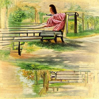 Woman Relaxing on Park Bench in Peaceful Scene