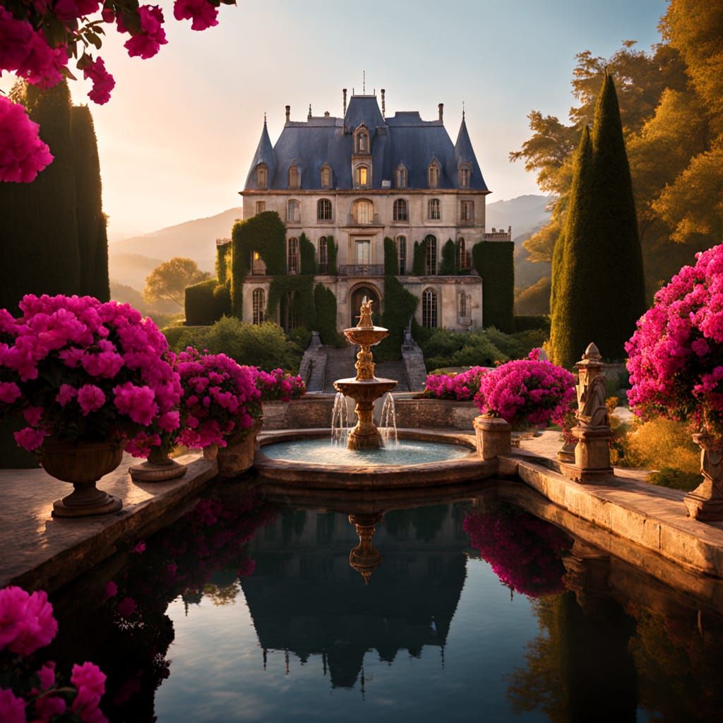 French Chateau in Forested Landscape, Impressionist Style