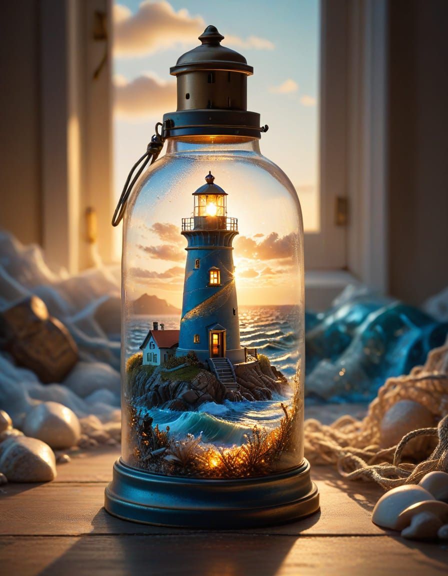 Majestic Lighthouse Shines Inside Blue Bottle