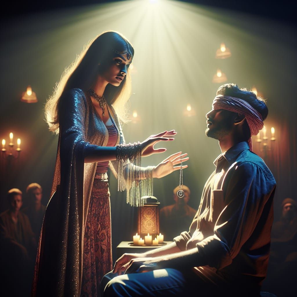 Hyperrealistic Stage Hypnotist Scene in Cinematic Style