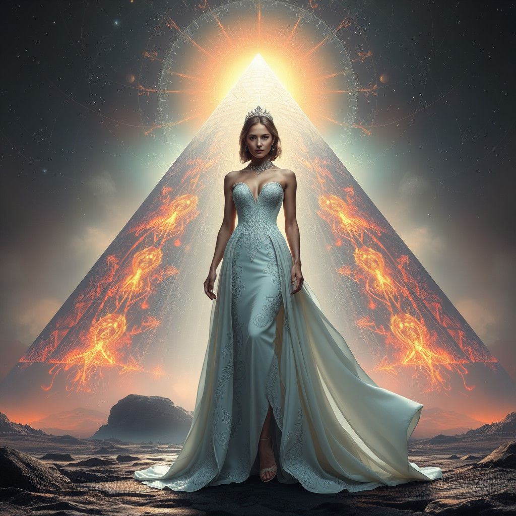 Regal Woman and Cosmic Pyramid in Surreal Style