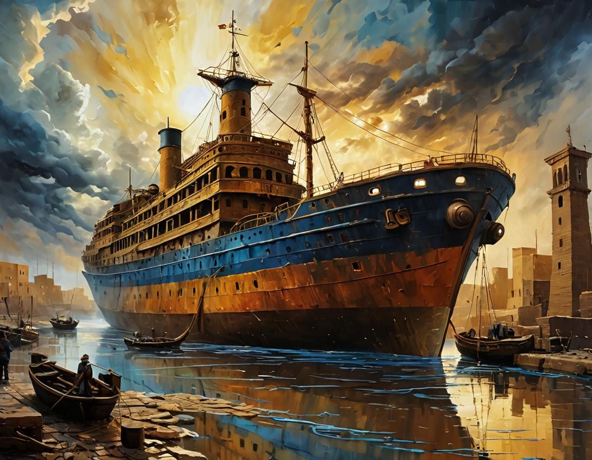 Expressionist Ship Docks at Ancient Metropolis