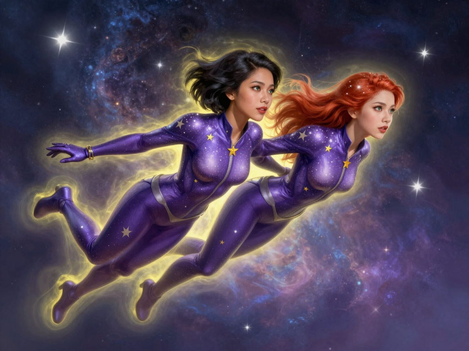 Two Women in Star Suits Flying Through Nebula