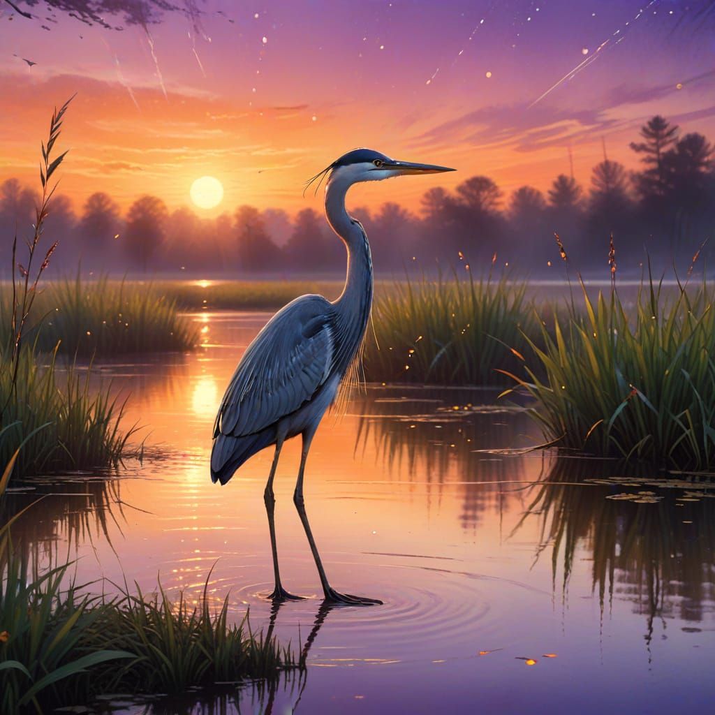 A lone heron stands motionless in a marsh at twilight